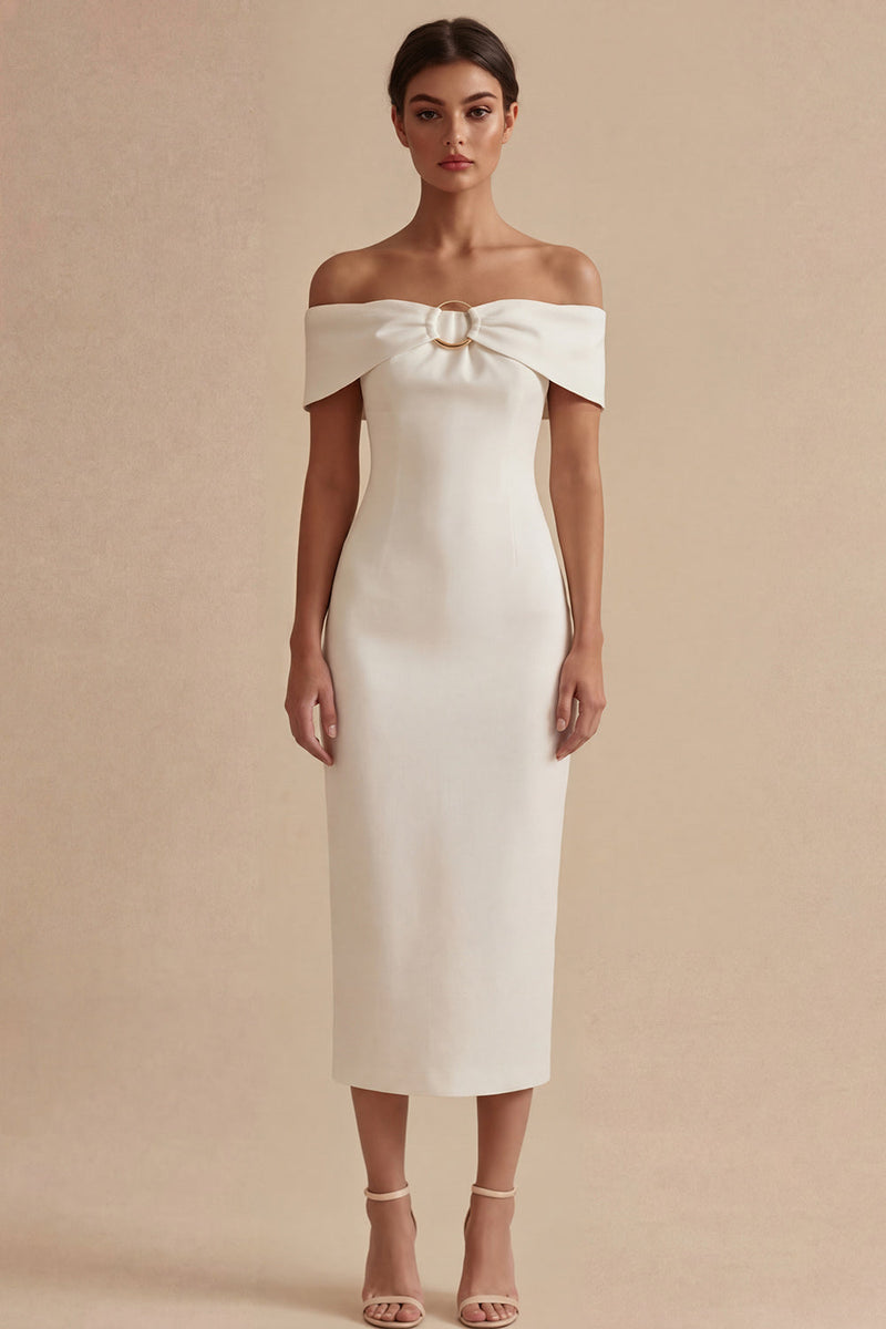 Laden Sie das Bild in den Galerie-Viewer, Weißes Schulterfreies Bodycon Midi Standesamtkleid
