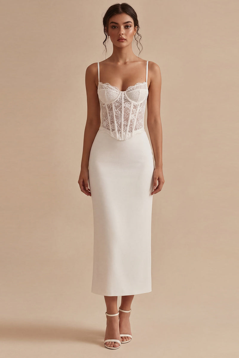 Laden Sie das Bild in den Galerie-Viewer, Weißes Spaghettiträger Knöchellanges Standesamtkleid mit Spitze