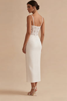 Weißes Spaghettiträger Knöchellanges Standesamtkleid mit Spitze