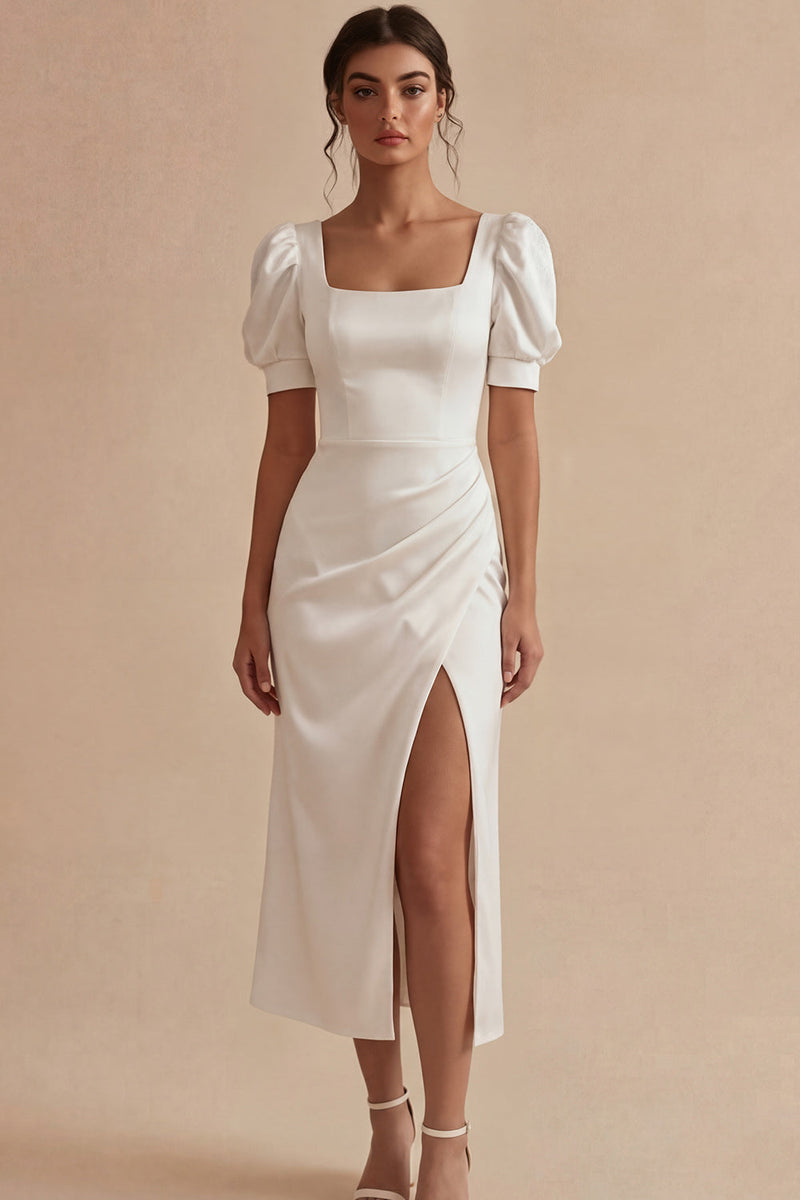 Laden Sie das Bild in den Galerie-Viewer, Weißes Satin Quadrathals Midi Standesamtkleid mit Schlitz