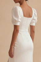 Laden Sie das Bild in den Galerie-Viewer, Weißes Satin Quadrathals Midi Standesamtkleid mit Schlitz