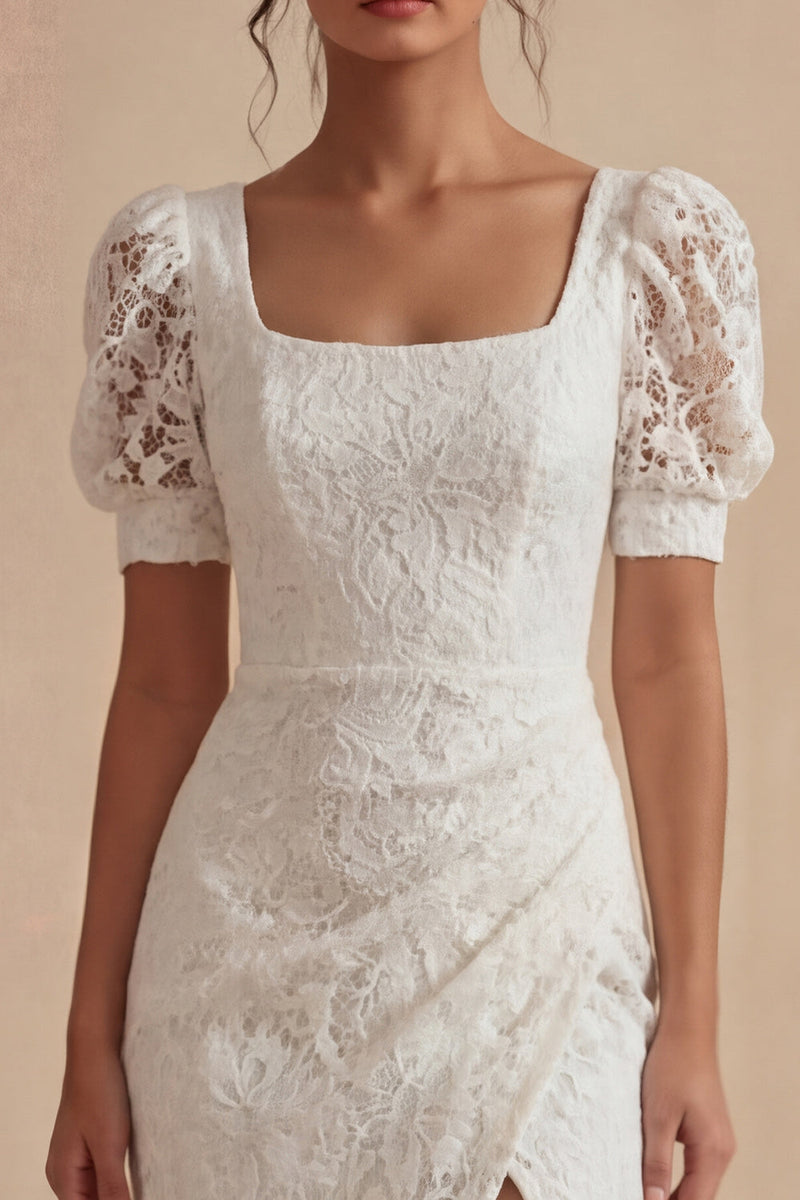 Laden Sie das Bild in den Galerie-Viewer, Weißes Spitzen Quadrathals Puffärmel Knöchellanges Standesamtkleid mit Schlitz