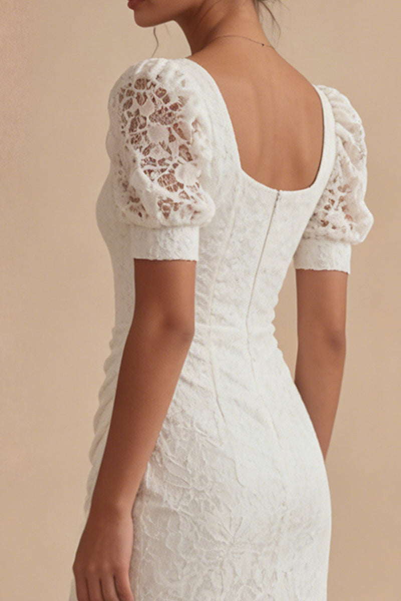 Laden Sie das Bild in den Galerie-Viewer, Weißes Spitzen Quadrathals Puffärmel Knöchellanges Standesamtkleid mit Schlitz