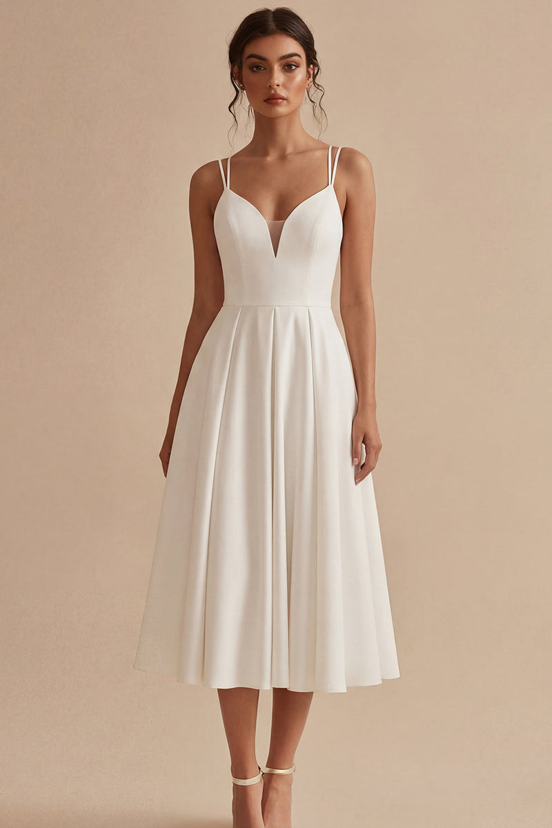 Laden Sie das Bild in den Galerie-Viewer, Schlichtes Weißes Satin Midi A Linie Strandhochzeitskleid