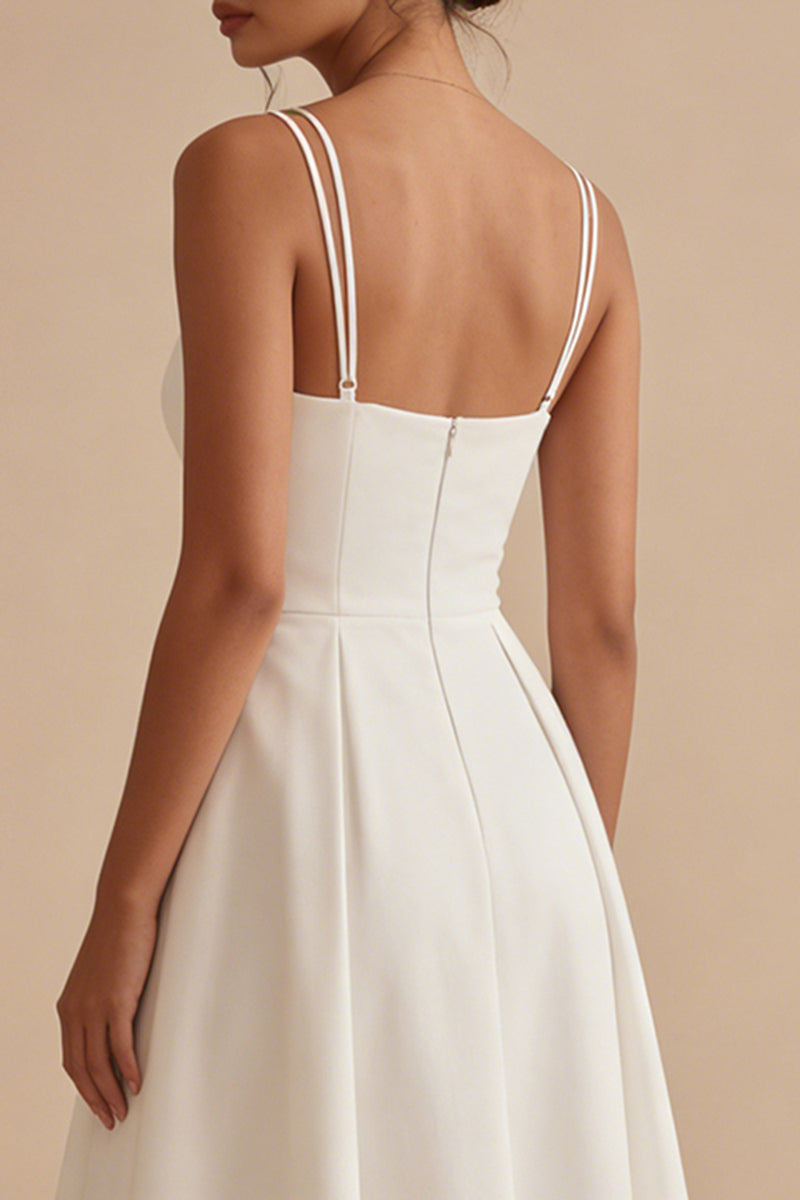 Laden Sie das Bild in den Galerie-Viewer, Schlichtes Weißes Satin Midi A Linie Strandhochzeitskleid
