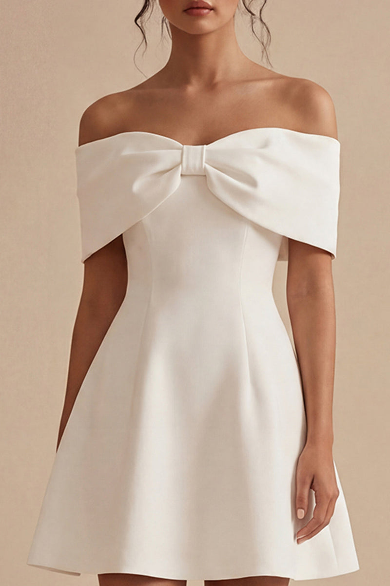 Laden Sie das Bild in den Galerie-Viewer, Weißes Schulterfreies Satin Standesamt Kleid mit Schleife
