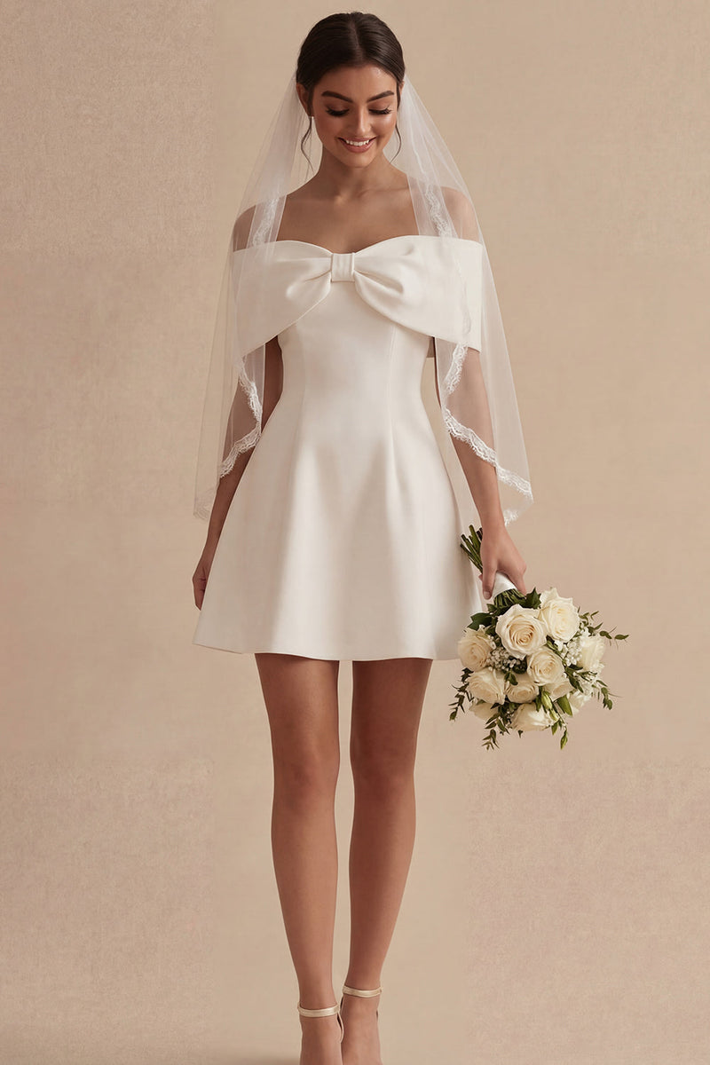 Laden Sie das Bild in den Galerie-Viewer, Weißes Schulterfreies Satin Standesamt Kleid mit Schleife