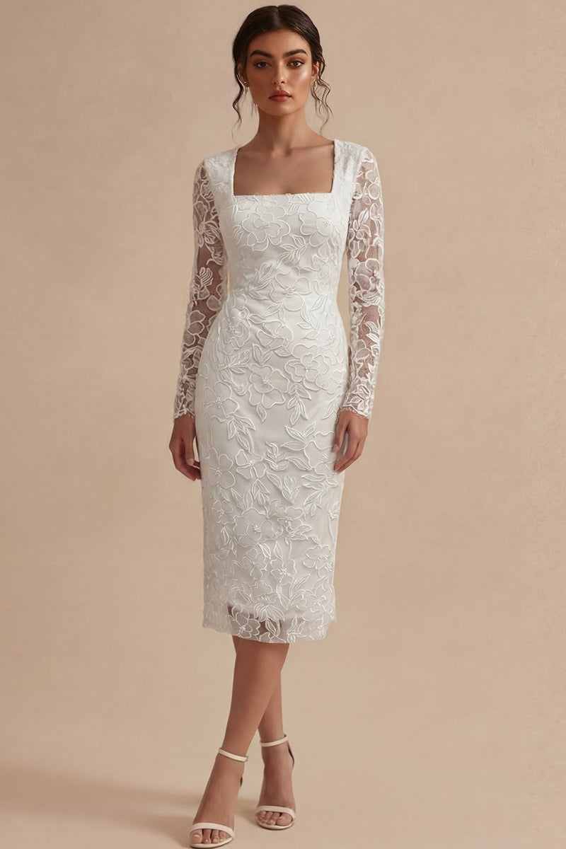 Laden Sie das Bild in den Galerie-Viewer, Spitzen-Langärmel-Blumen-Midi-Bodycon weißes Boho-Verlobungskleid