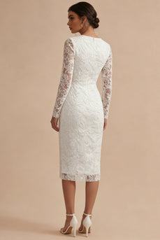Spitzen-Langärmel-Blumen-Midi-Bodycon weißes Boho-Verlobungskleid