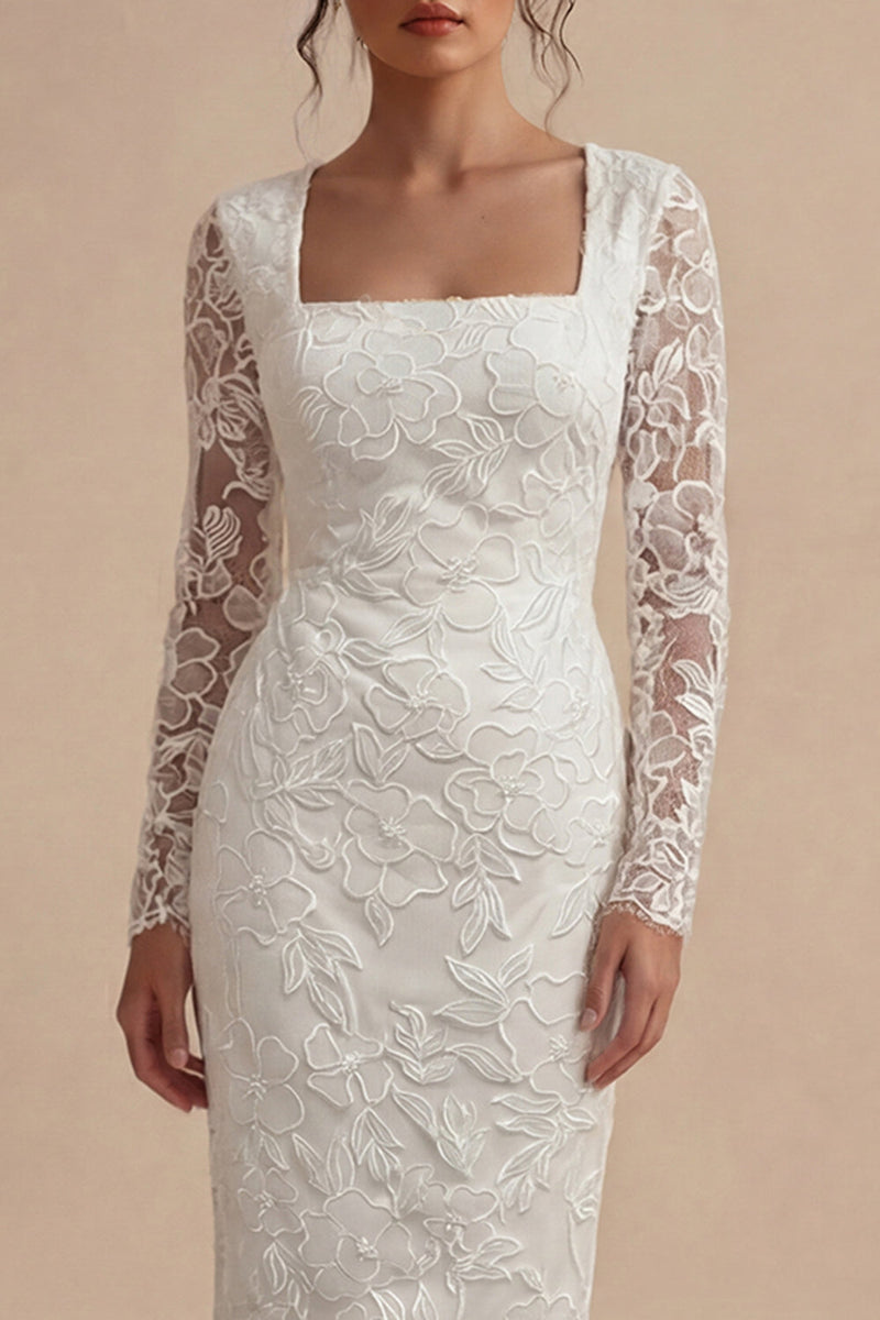 Laden Sie das Bild in den Galerie-Viewer, Spitzen-Langärmel-Blumen-Midi-Bodycon weißes Boho-Verlobungskleid