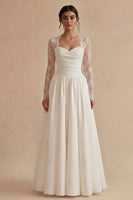 Laden Sie das Bild in den Galerie-Viewer, Weißes langärmeliges Blumenmuster A-Linie Maxi Boho Hochzeitskleid mit Spitze