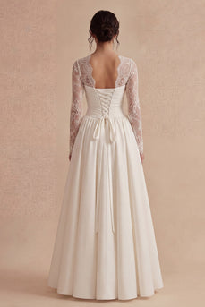 Weißes langärmeliges Blumenmuster A-Linie Maxi Boho Hochzeitskleid mit Spitze