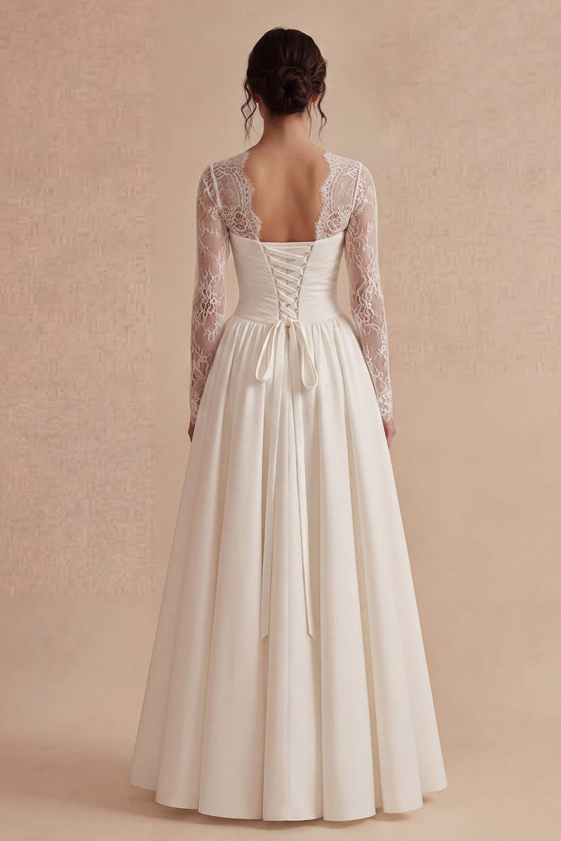 Laden Sie das Bild in den Galerie-Viewer, Weißes langärmeliges Blumenmuster A-Linie Maxi Boho Hochzeitskleid mit Spitze