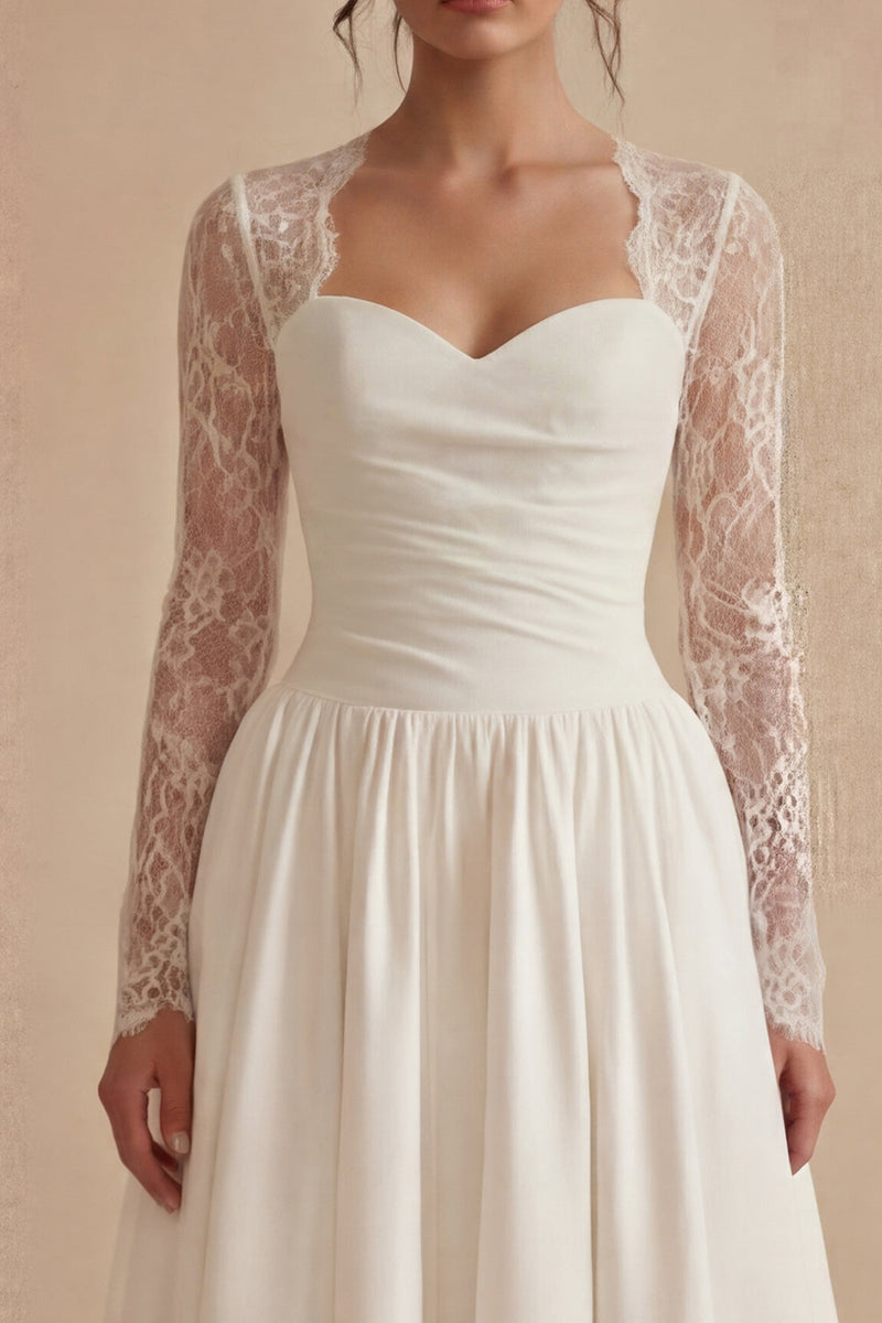 Laden Sie das Bild in den Galerie-Viewer, Weißes langärmeliges Blumenmuster A-Linie Maxi Boho Hochzeitskleid mit Spitze