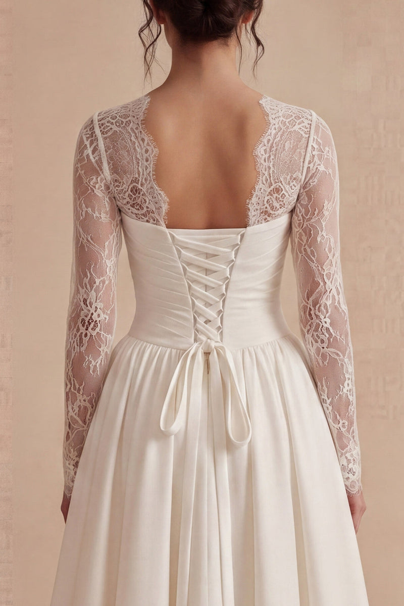 Laden Sie das Bild in den Galerie-Viewer, Weißes langärmeliges Blumenmuster A-Linie Maxi Boho Hochzeitskleid mit Spitze