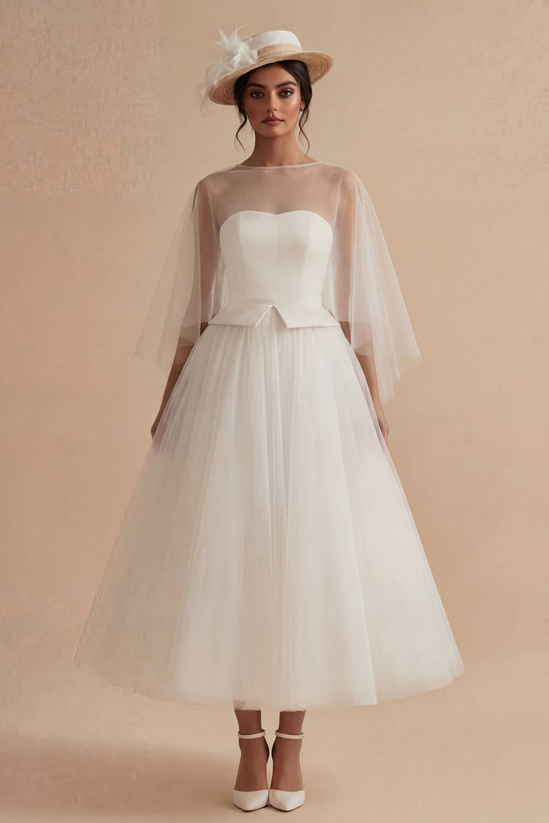 Laden Sie das Bild in den Galerie-Viewer, Weißes A-Linie-Ilusion Bateau-Hals-Lang-Boho-Hochzeitskleid