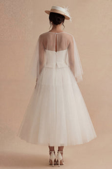Weißes A-Linie-Ilusion Bateau-Hals-Lang-Boho-Hochzeitskleid