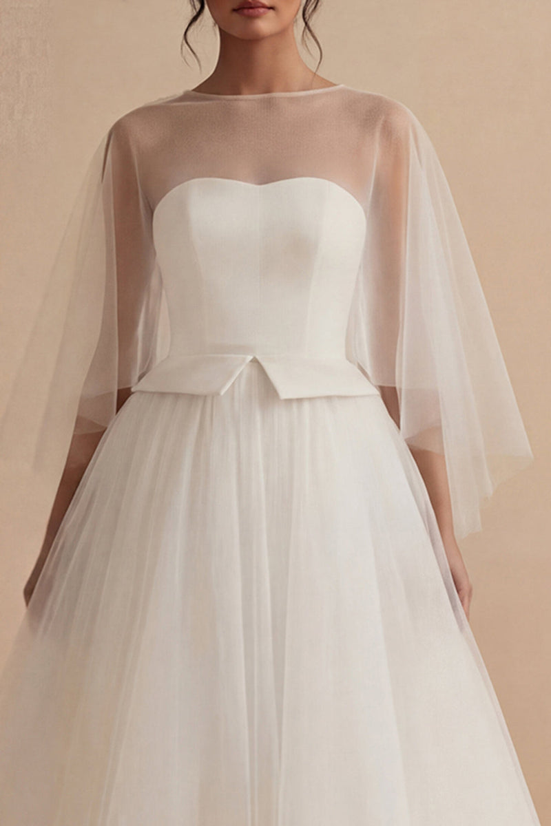 Laden Sie das Bild in den Galerie-Viewer, Weißes A-Linie-Ilusion Bateau-Hals-Lang-Boho-Hochzeitskleid