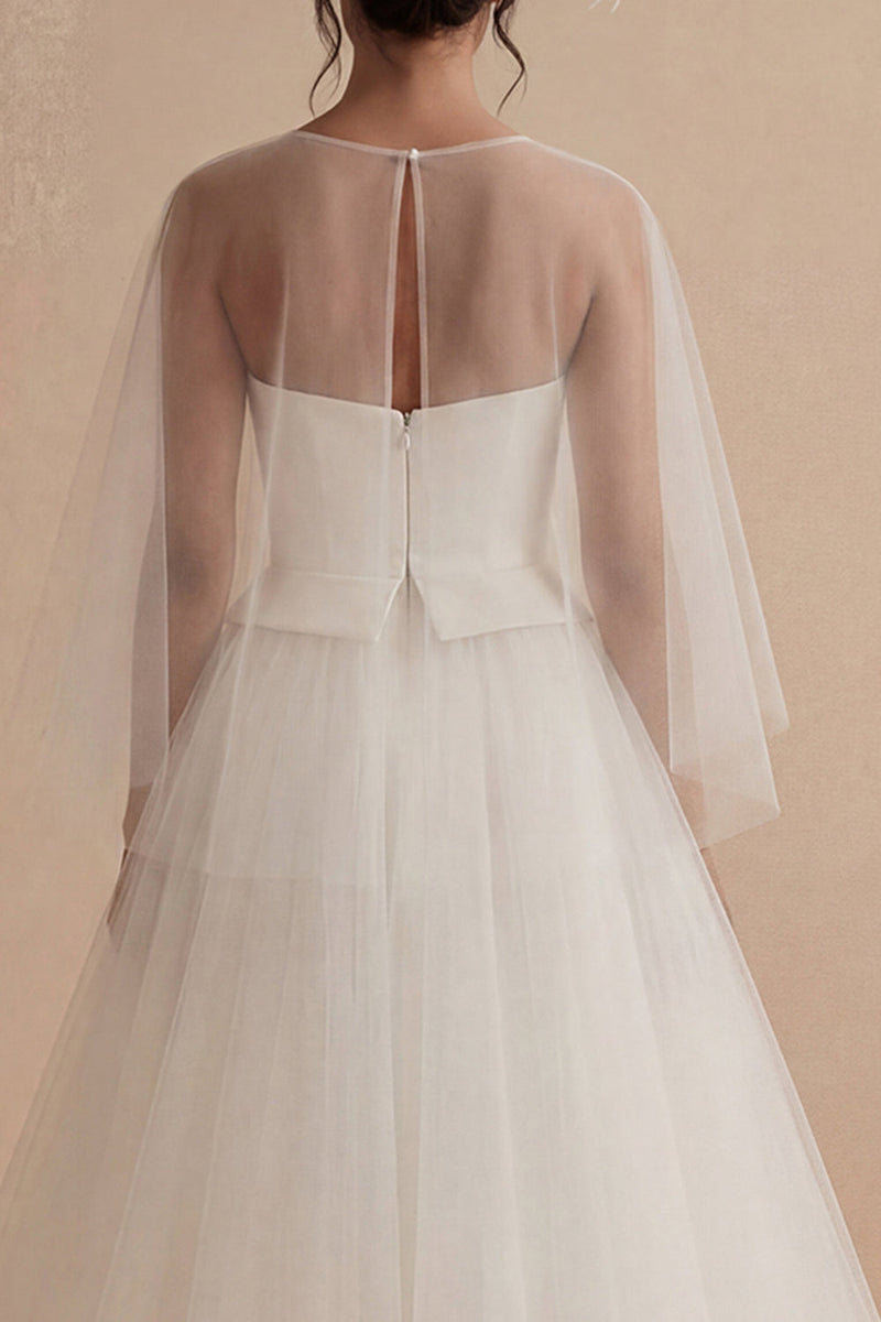 Laden Sie das Bild in den Galerie-Viewer, Weißes A-Linie-Ilusion Bateau-Hals-Lang-Boho-Hochzeitskleid