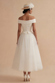Weißes langes Schulterloses A-Linie Boho-Hochzeitskleid