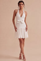 Laden Sie das Bild in den Galerie-Viewer, Halter Weißes A-Linie Mini Standesamtkleid mit Schleife