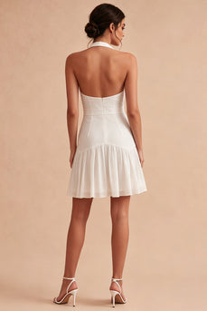 Halter Weißes A-Linie Mini Standesamtkleid mit Schleife