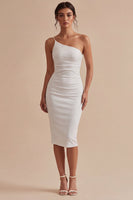 Laden Sie das Bild in den Galerie-Viewer, Ein Schulter Weißer Bodycon Gerafftes Midi Standesamtkleid
