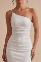 Laden Sie das Bild in den Galerie-Viewer, Ein Schulter Weißer Bodycon Gerafftes Midi Standesamtkleid