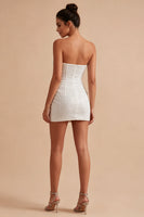 Laden Sie das Bild in den Galerie-Viewer, Glitzerndes Trägerloses Bodycon Pailletten Korsett Kleines weißes Kleid