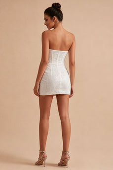 Glitzerndes Trägerloses Bodycon Pailletten Korsett Kleines weißes Kleid