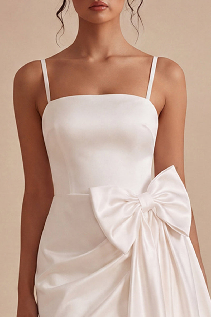 Laden Sie das Bild in den Galerie-Viewer, Weißes Bodycon Spaghettiträger Mini Standesamtkleid mit Schleife