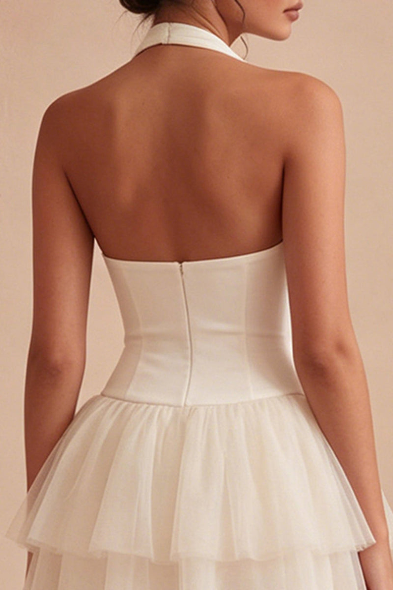 Laden Sie das Bild in den Galerie-Viewer, Weißes A-Linie Halter Korsett Mini Standesamtkleid mit Rüschen