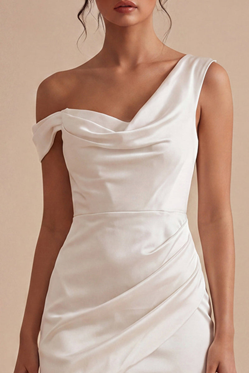 Laden Sie das Bild in den Galerie-Viewer, Bodycon Asymmetrisches Hals Gerafftes Kleines weißes Kleid