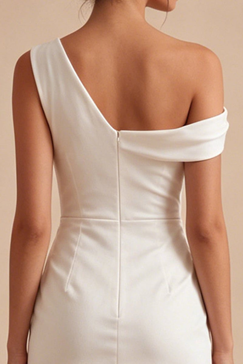 Laden Sie das Bild in den Galerie-Viewer, Bodycon Asymmetrisches Hals Gerafftes Kleines weißes Kleid