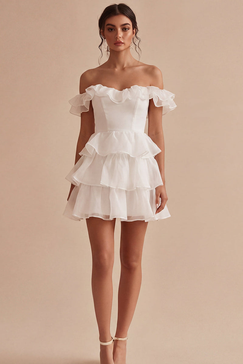 Laden Sie das Bild in den Galerie-Viewer, Off-the-shoulder A-Linie Korsett Gestuftes Rüschen Mini Standesamtkleid