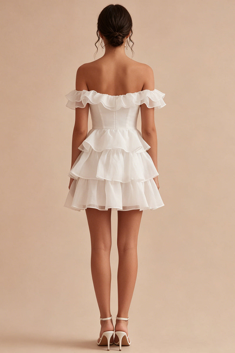 Laden Sie das Bild in den Galerie-Viewer, Off-the-shoulder A-Linie Korsett Gestuftes Rüschen Mini Standesamtkleid