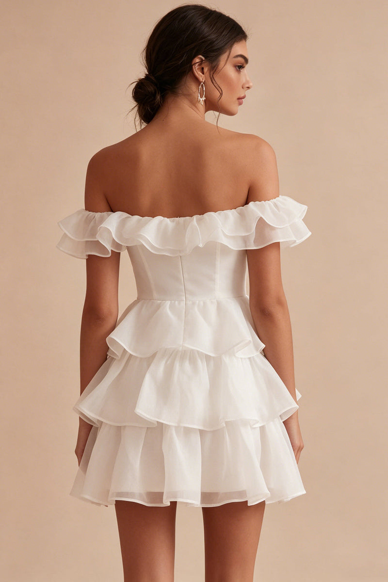 Laden Sie das Bild in den Galerie-Viewer, Off-the-shoulder A-Linie Korsett Gestuftes Rüschen Mini Standesamtkleid