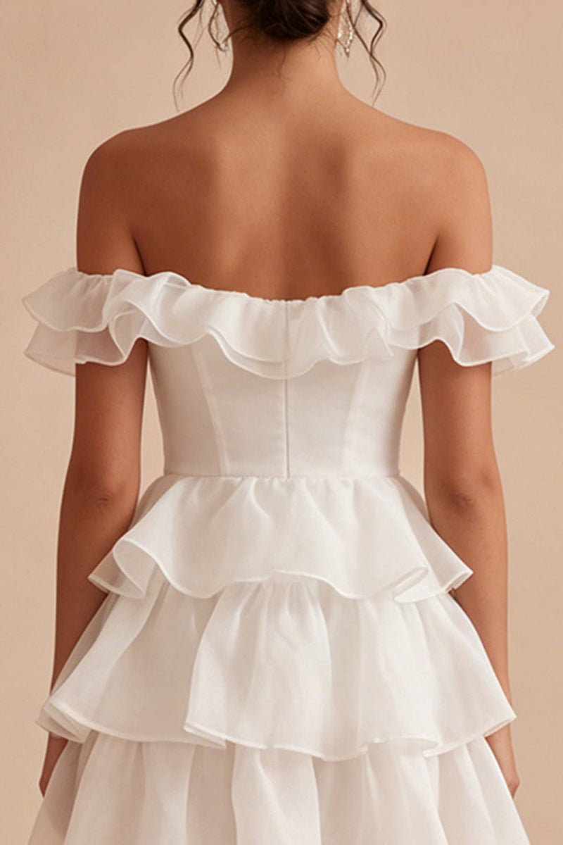 Laden Sie das Bild in den Galerie-Viewer, Off-the-shoulder A-Linie Korsett Gestuftes Rüschen Mini Standesamtkleid