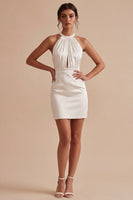 Laden Sie das Bild in den Galerie-Viewer, Weißes Halter Bodycon Gerafftes Schlüsselloch Mini Standesamtkleid