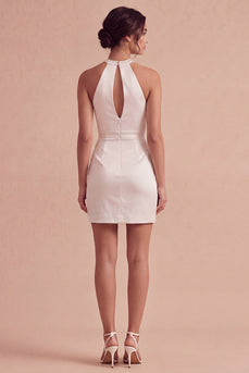 Weißes Halter Bodycon Gerafftes Schlüsselloch Mini Standesamtkleid