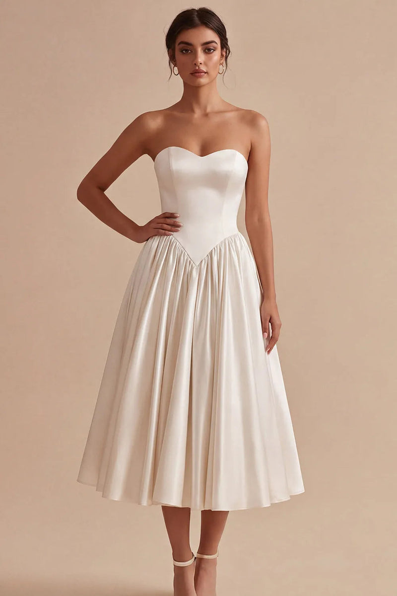 Laden Sie das Bild in den Galerie-Viewer, Weißes Sweetheart A-Linie Korsett Satin Midi Standesamtkleid
