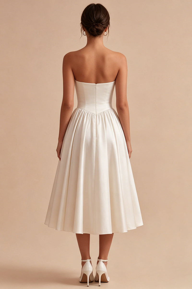 Laden Sie das Bild in den Galerie-Viewer, Weißes Sweetheart A-Linie Korsett Satin Midi Standesamtkleid