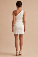 Laden Sie das Bild in den Galerie-Viewer, Einschulter Weißes Gerafftes Bodycon Mini Standesamtkleid