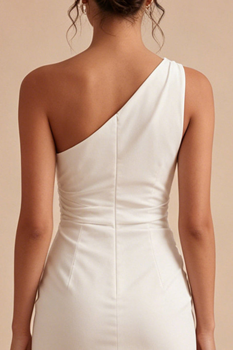 Laden Sie das Bild in den Galerie-Viewer, Einschulter Weißes Gerafftes Bodycon Mini Standesamtkleid