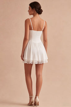 Weißes A-Linie Korsett Spitzen Mini Standesamtkleid