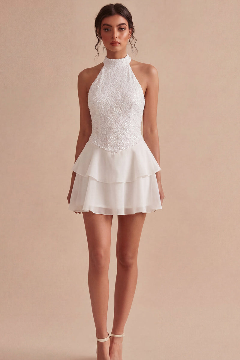 Laden Sie das Bild in den Galerie-Viewer, Pailletten Halter Weißes Gestuftes Rüschen Mini Standesamtkleid mit Pailletten