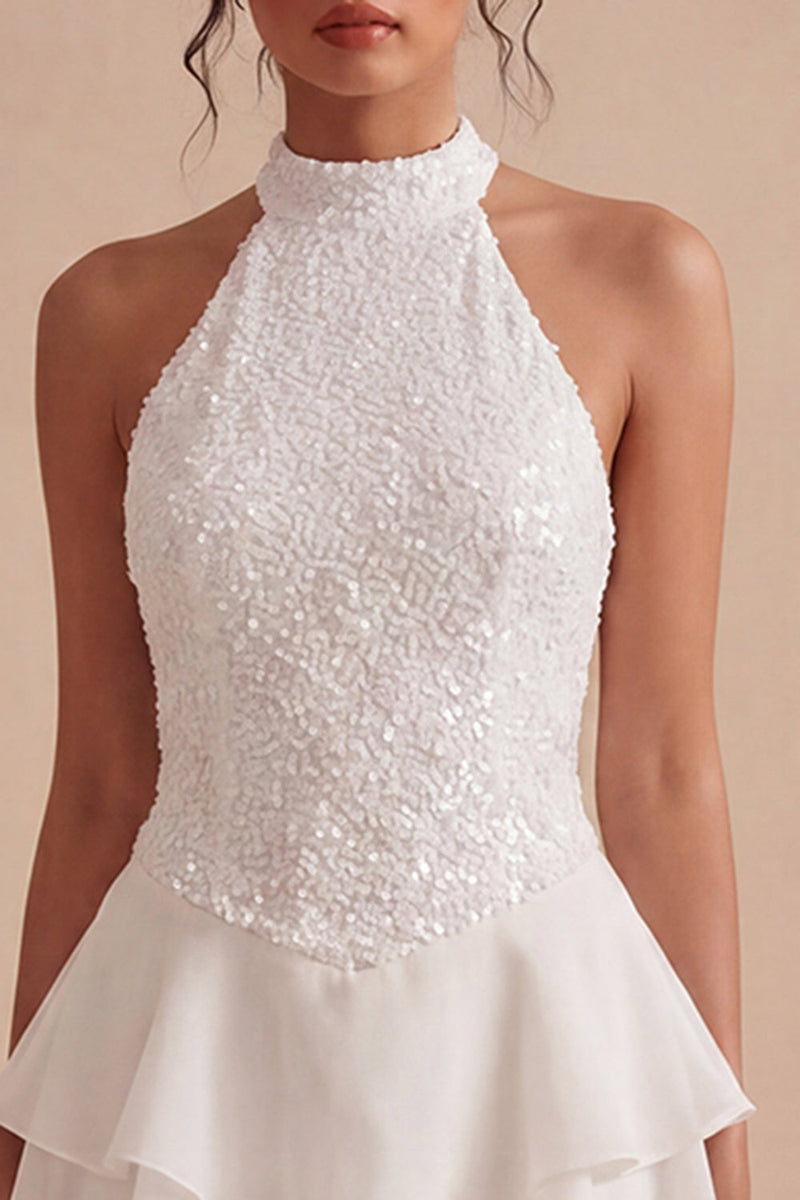 Laden Sie das Bild in den Galerie-Viewer, Pailletten Halter Weißes Gestuftes Rüschen Mini Standesamtkleid mit Pailletten