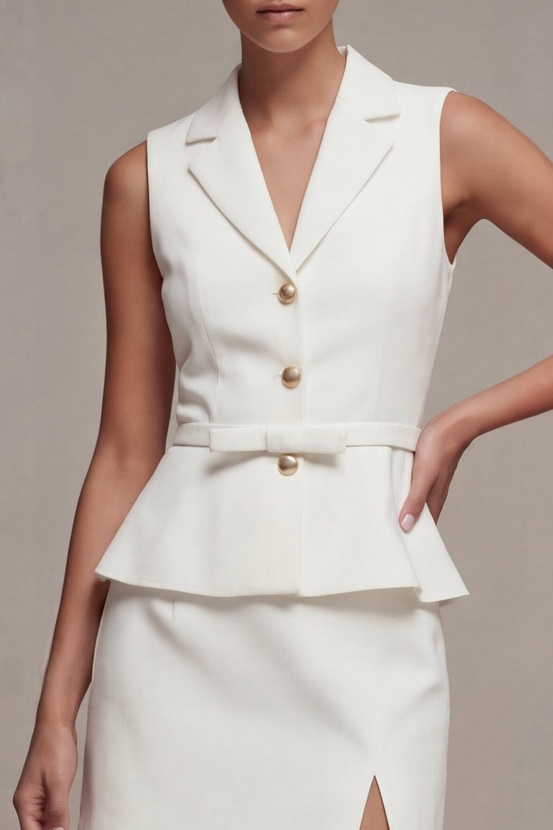 Laden Sie das Bild in den Galerie-Viewer, Weißes zweiteiliges einreihiges kurzes Businesskleid mit Schnitt und Gürtel