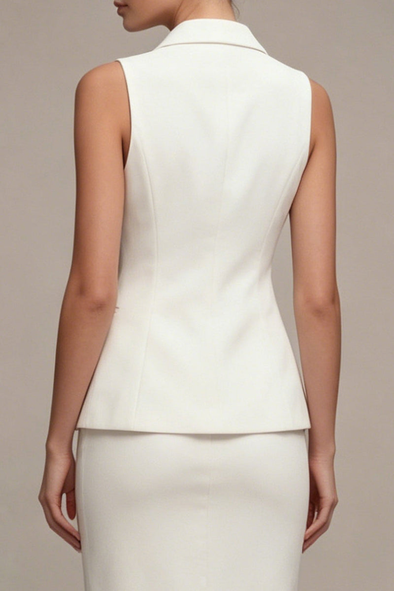 Laden Sie das Bild in den Galerie-Viewer, Elfenbeinfarbenes zweiteiliges Revers Slim Fit einreihiges Midi-Businesskleid