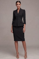 Laden Sie das Bild in den Galerie-Viewer, Elfenbein 3/4-Ärmel Schal-Revers 2-teiliges Einreihiges Midi-Businesskleid